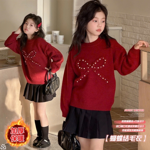 Áo len đỏ đính nơ lót lông cho bé H26011802