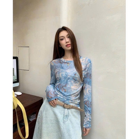 ÁO REN LƯỚI NỮ TAY DÀI RÚT EO MÀU XANH T26081001