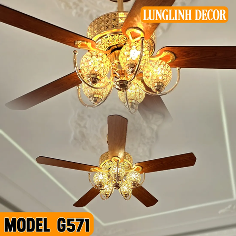 Quạt trần Cổ Điển Sắc Vàng Phú Quý - Cánh gỗ đỏ kết hợp Pha lê lấp lánh ấn tượng MODEL G571