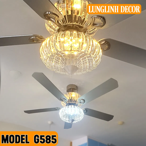 Quạt trần cánh gỗ, phong cách Cổ Điển, đèn pha lê lấp lánh Model G585