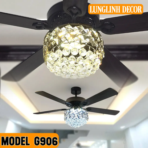 Quạt trần cánh gỗ, phong cách Cổ Điển, đèn pha lê lấp lánh Model G906