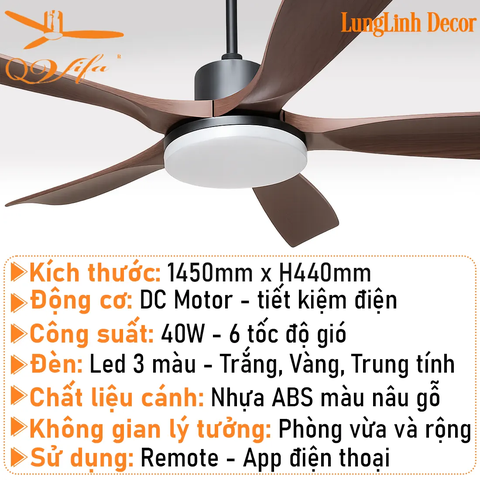 Quạt trần cao cấp cánh ABS siêu thực - Điều khiển bằng App điện thoại MODEL QVIFA-094