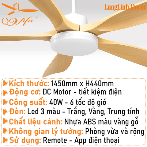 Quạt trần cao cấp cánh ABS siêu thực - Điều khiển bằng App điện thoại MODEL QVIFA-095