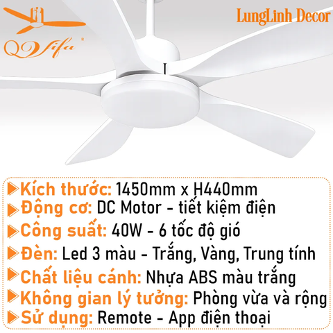 Quạt trần cao cấp cánh ABS dày dặn - Điều khiển bằng App điện thoại MODEL QVIFA-096
