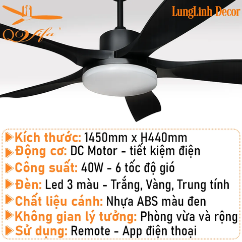 Quạt trần cao cấp cánh ABS dày dặn - Điều khiển bằng App điện thoại MODEL QVIFA-097