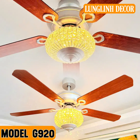 Quạt trần Cổ điển 5 Cánh gỗ đỏ kết hợp chao đèn pha lê tròn lấp lánh - MODEL G920
