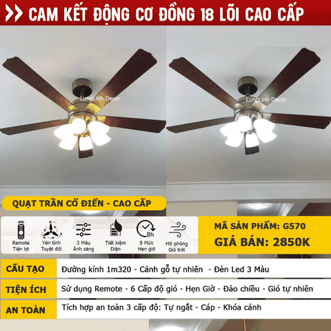 Quạt trần cổ điển cánh gỗ – 5 Cánh – DC Inverter – Mã G570
