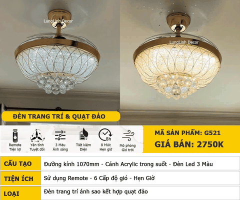 Quạt trần đèn Cánh xếp – Cánh Acrylic – DC Inverter – Mã G521