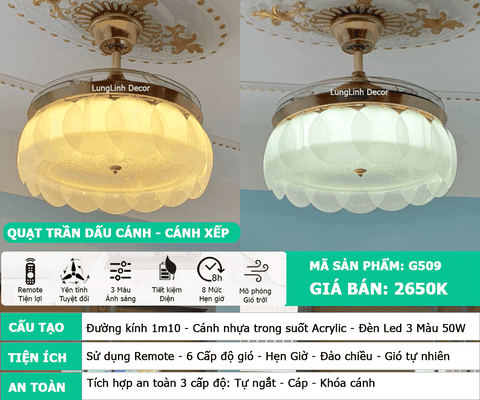 Quạt trần trang trí - Cánh xếp – Cánh Acrylic – DC Inverter – Mã G509