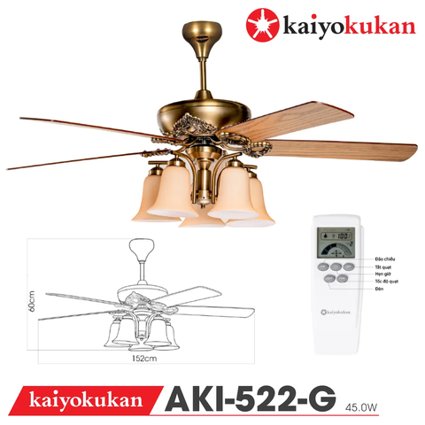 Quạt trần Nhật Bản Kaiyokukan - Thiết kế Cổ điển với 5 Cánh gỗ tự nhiên Model AKI-522