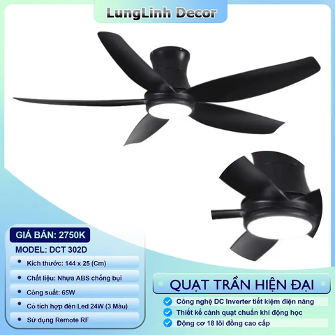 Quạt trần DCT Fan dành cho không gian lớn và vừa - 5 Cánh ABS chống bụi- DC Inverter DCT 302D