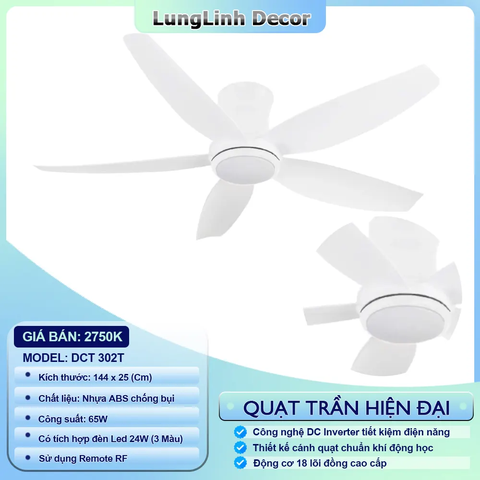 Quạt trần DCT Fan dành cho không gian lớn và vừa - 5 Cánh ABS chống bụi- DC Inverter DCT 302T