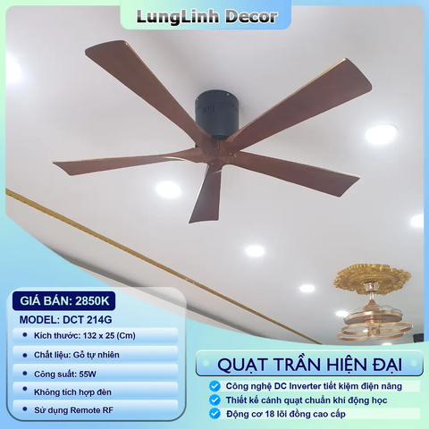 Quạt trần DCT Fan 5 Cánh gỗ tự nhiên - Dành cho không gian vừa và nhỏ - DC Inverter DCT 214G