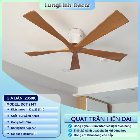Quạt trần DCT Fan 5 Cánh gỗ tự nhiên - Dành cho không gian vừa và nhỏ - DC Inverter DCT 214T