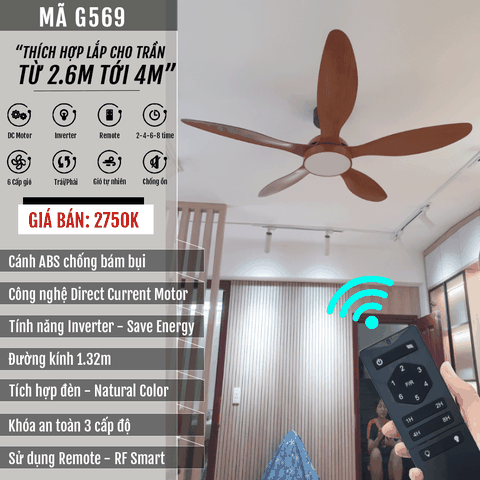 Quạt trần đèn Hiện đại – 5 Cánh – Cánh ABS – DC Inverter – Mã G569