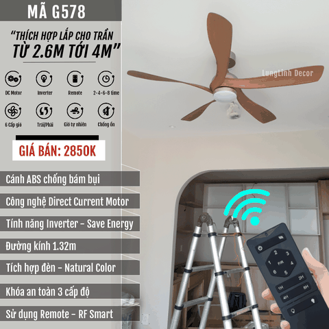 Quạt trần đèn 5 Cánh ABS nghệ thuật – DC Inverter – Mã G578