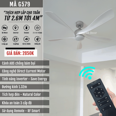 Quạt trần đèn 5 Cánh ABS nghệ thuật – DC Inverter – Mã G579