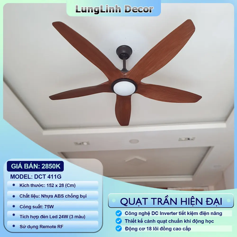 Quạt trần DCT Fan 5 Cánh ABS đường kính lớn, gió mát mạnh - phù hợp cho trần cao DC Inverter DCT 411G