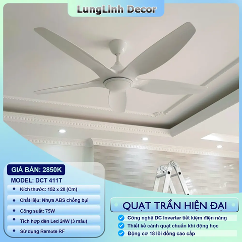 Quạt trần DCT Fan 5 Cánh ABS đường kính lớn, gió mát mạnh - phù hợp cho trần cao DC Inverter DCT 411T