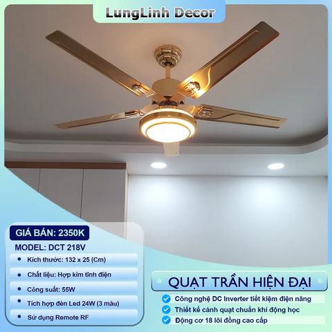 Quạt trần DCT Fan 5 cánh kim loại sơn tĩnh điện màu vàng - Phù hợp không gian vừa và nhỏ DC Inverter DCT 218V