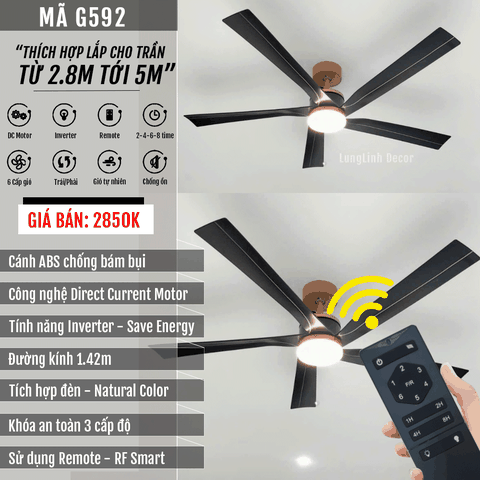 Quạt trần đèn 5 Cánh ABS nghệ thuật – DC Inverter – Mã G592