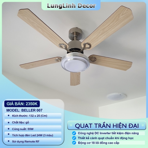 Quạt trần 5 cánh gỗ 2 màu cánh - Dành cho không gian vừa và nhỏ DC Inverter Beller 007