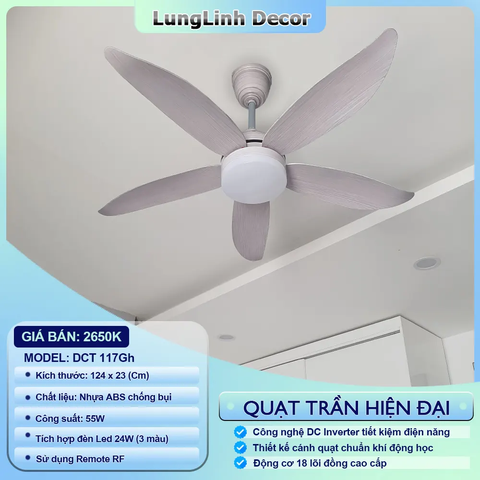 Quạt trần DCT Fan đèn hiện đại - Dành cho không gian vừa và nhỏ, chung cư - DCT 117Gh