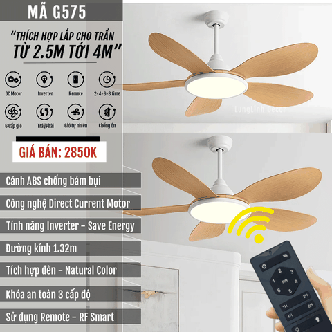 Quạt trần đèn 5 Cánh ABS tròn – DC Inverter – Mã G575