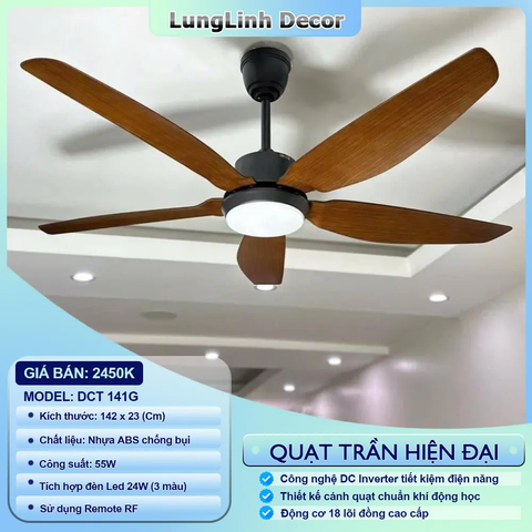 Quạt trần DCT Fan 5 cánh ABS thiết kế đơn giản hiện đại - lắp được nhiều không gian DC Inverter DCT 141G