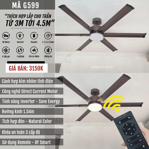 Quạt trần 6 Cánh Hợp kim nhôm - Công nghệ sơn tĩnh điện siêu bền - DC Inverter G599