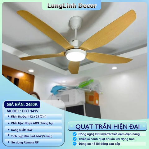 Quạt trần DCT Fan 5 cánh ABS thiết kế đơn giản hiện đại - lắp được nhiều không gian DC Inverter DCT 141V