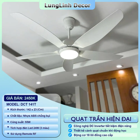 Quạt trần DCT Fan 5 cánh ABS thiết kế đơn giản hiện đại - lắp được nhiều không gian DC Inverter DCT 141TT