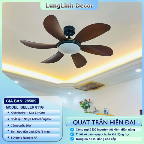 Quạt trần 6 cánh ABS thiết kế đơn giản hiện đại - lắp được nhiều không gian DC Inverter BELLER 811G