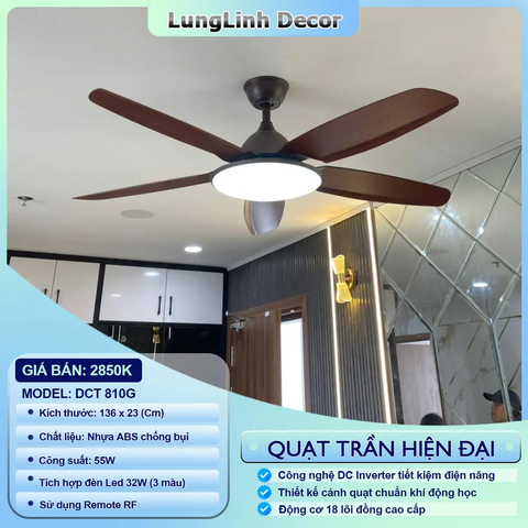 Quạt trần DCT Fan kết hợp đèn lớn - Thiết kế hiện đại - Cánh nhựa ABS DC Inverter DCT 810G