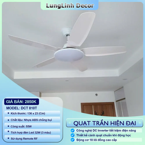 Quạt trần DCT Fan kết hợp đèn lớn - Thiết kế hiện đại - Cánh nhựa ABS DC Inverter DCT 810T