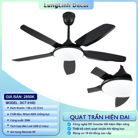Quạt trần DCT Fan kết hợp đèn lớn - Thiết kế hiện đại - Cánh nhựa ABS DC Inverter DCT 810D