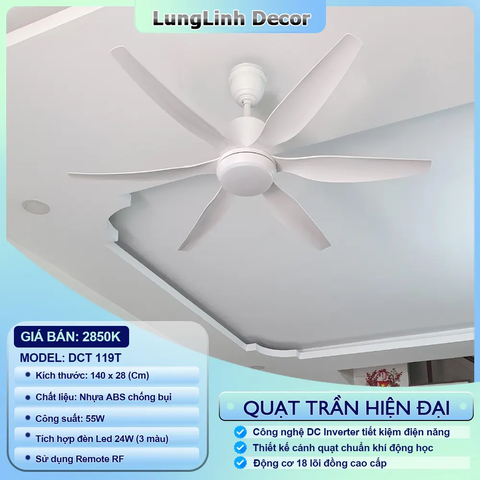 Quạt trần DCT Fan 6 cánh ABS thiết kế đơn giản hiện đại - lắp được nhiều không gian DC Inverter  DCT 119T
