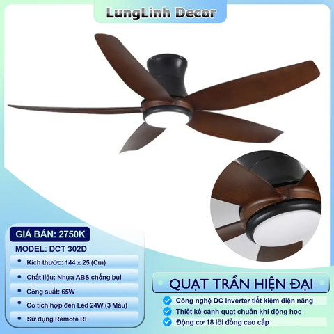 Quạt trần DCT Fan dành cho không gian lớn và vừa - 5 Cánh ABS chống bụi- DC Inverter DCT 302D
