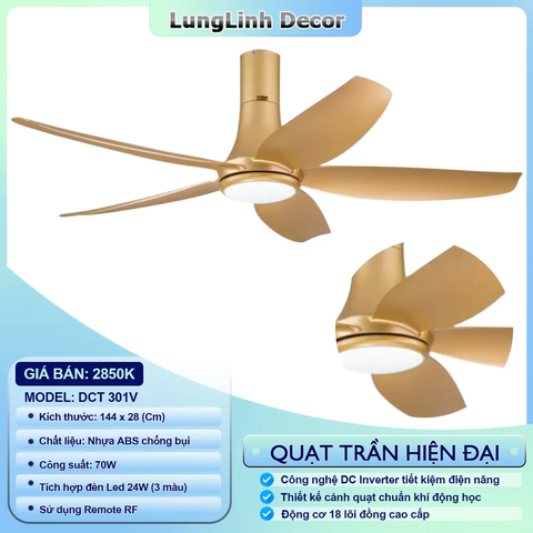 Quạt trần DCT Fan 5 cánh đường kính lớn, gió mạnh - ABS DC Inverter DCT 301V