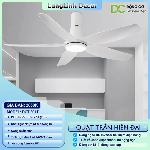 Quạt trần DCT Fan 5 cánh đường kính lớn, gió mạnh - ABS DC Inverter DCT 301T