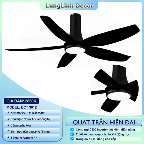 Quạt trần DCT Fan 5 cánh đường kính lớn, gió mạnh - ABS DC Inverter DCT 301D