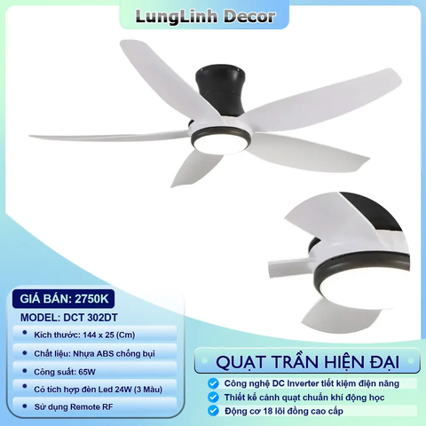 Quạt trần DCT Fan dành cho không gian lớn và vừa  - 5 Cánh ABS chống bụi- DC Inverter DCT 302DT