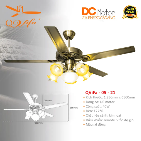 Quạt trần Cổ điển 5 Cánh kim loại sơn tĩnh điện kết hợp Chao đèn Ceramic cực kỳ Độc đáo và Ấn tượng QVIFA - 05-21
