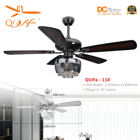 Quạt trần Cổ điển 5 Cánh gỗ kết hợp Chao đèn Pha lê cực kỳ Độc đáo và Ấn tượng QVIFA -110