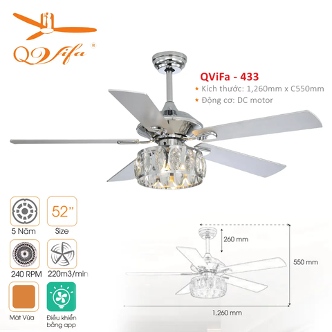 Quạt trần Cổ điển 5 Cánh gỗ kết hợp Chao đèn Pha lê cực kỳ Độc đáo và Ấn tượng QVIFA -433