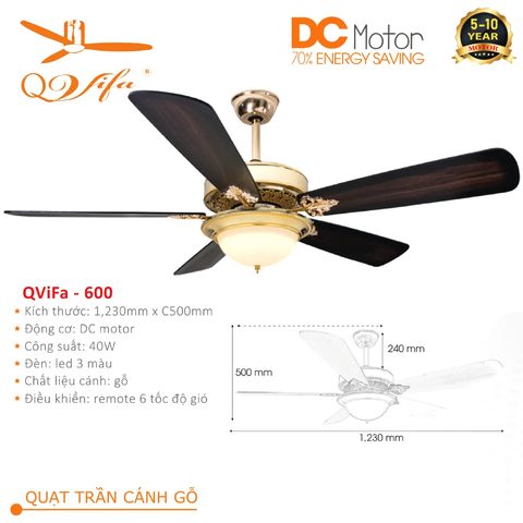 Quạt trần Cổ điển 5 Cánh gỗ kết hợp Chao đèn Ceramic cực kỳ Độc đáo và Ấn tượng QVIFA - 600