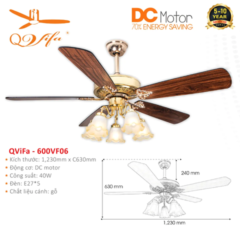 Quạt trần Cổ điển 5 Cánh gỗ kết hợp Chao đèn Thủy tinh cực kỳ Độc đáo và Ấn tượng QVIFA - 600VF06