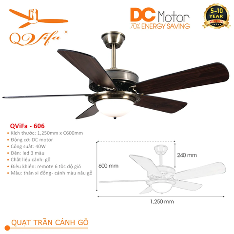 Quạt trần Cổ điển 5 Cánh gỗ kết hợp Chao đèn Ceramic cực kỳ Độc đáo và Ấn tượng QVIFA - 600