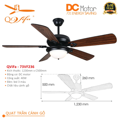 Quạt trần Cổ điển 5 Cánh gỗ kết hợp Chao đèn Ceramic cực kỳ Độc đáo và Ấn tượng QVIFA - 600