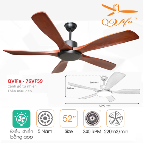 Quạt trần cao cấp 5 Cánh gỗ tự nhiên - Điều khiển bằng App điện thoại MODEL QVIFA - 76VF59/60